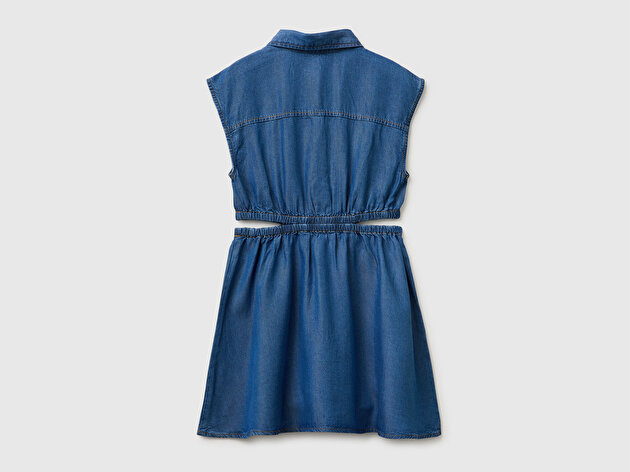 Benetton Kız Çocuk Mavi Yanları Kesik Detaylı Gömlek Yaka Tencel Elbise