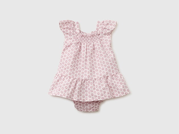 Benetton Bebek Toz Pembe Tamamı Desenli Önü Büzgü Detaylı Külotlu Elbise