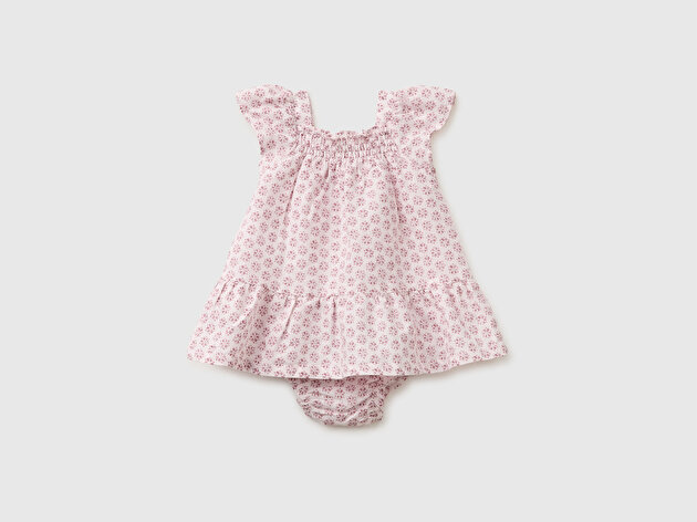 Benetton Bebek Toz Pembe Tamamı Desenli Önü Büzgü Detaylı Külotlu Elbise