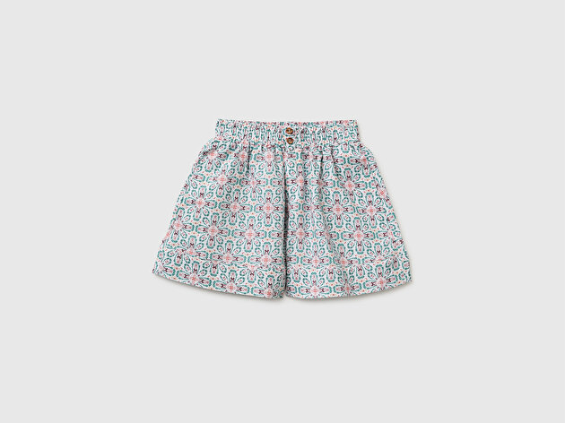 Benetton Kız Çocuk Beyaz Elastik Bel Bantlı Düğmeli Yüksek Manşetli Şort