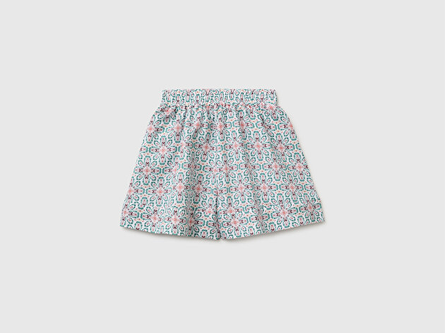 Benetton Kız Çocuk Beyaz Elastik Bel Bantlı Düğmeli Yüksek Manşetli Şort