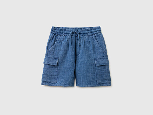 Benetton Erkek Bebek Lacivert Logo İşlemeli Beli Elastik Büzgü İpli Cep Detaylı Kargo Şort
