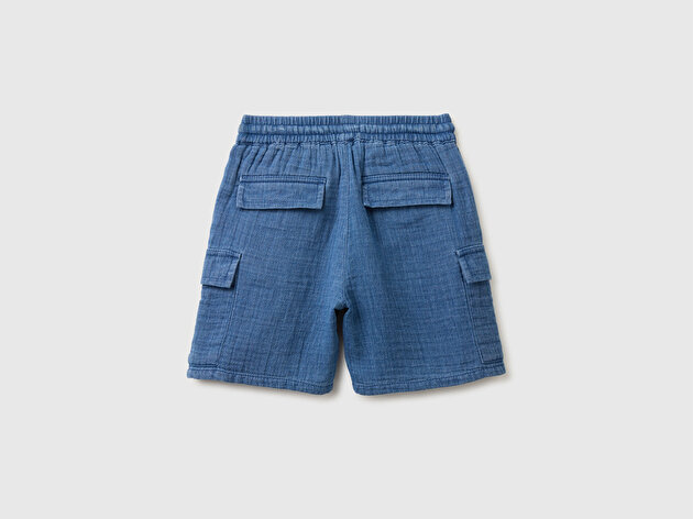 Benetton Erkek Bebek Lacivert Logo İşlemeli Beli Elastik Büzgü İpli Cep Detaylı Kargo Şort