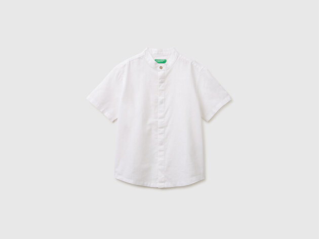 Benetton Erkek Çocuk Ekru Logo İşlemeli Ahşap Düğmeli Kısa Kollu Mandarin Yaka Gömlek