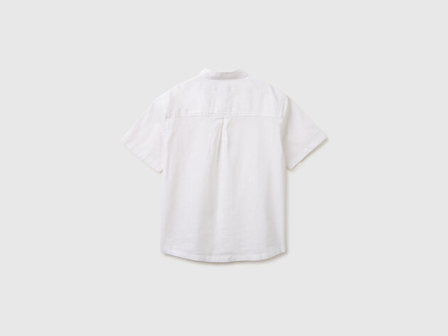 Benetton Erkek Çocuk Ekru Logo İşlemeli Ahşap Düğmeli Kısa Kollu Mandarin Yaka Gömlek