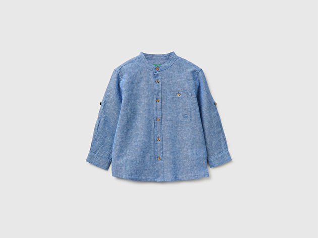 Benetton Erkek Bebek Mavi Logo İşlemeli Yama Cepli Henley Yaka Gömlek