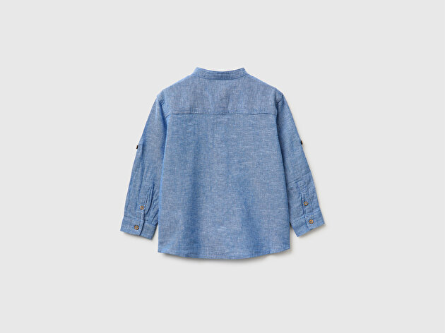 Benetton Erkek Bebek Mavi Logo İşlemeli Yama Cepli Henley Yaka Gömlek