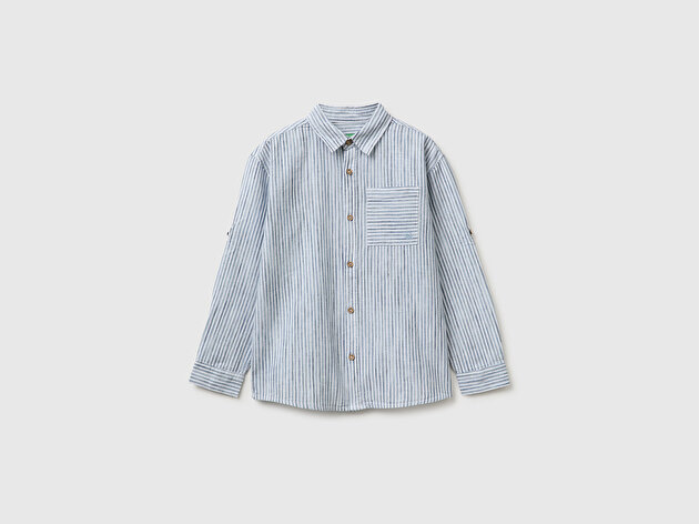 Benetton Erkek Çocuk Buz Mavisi Logo İşlemeli Cepli Ahşap Düğmeli Çizgili Klasik Yaka Gömlek