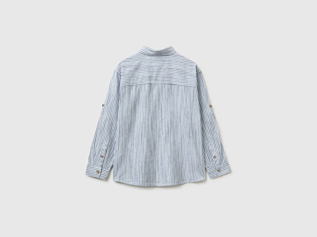 Benetton Erkek Çocuk Buz Mavisi Logo İşlemeli Cepli Ahşap Düğmeli Çizgili Klasik Yaka Gömlek