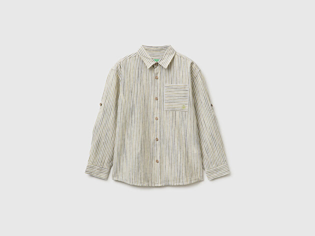Benetton Erkek Çocuk Sarı Logo İşlemeli Cepli Ahşap Düğmeli Çizgili Klasik Yaka Gömlek