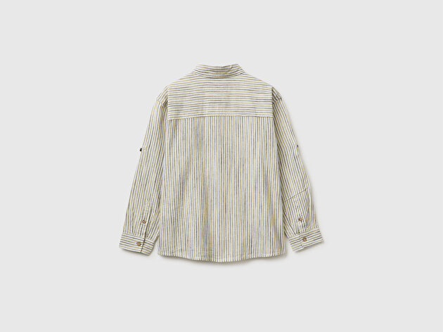 Benetton Erkek Çocuk Sarı Logo İşlemeli Cepli Ahşap Düğmeli Çizgili Klasik Yaka Gömlek