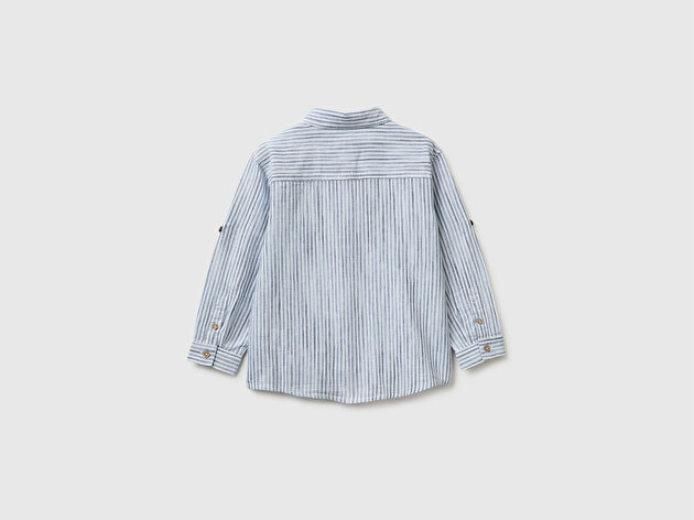 Benetton Erkek Bebek Buz Mavisi Logo İşlemeli Ahşap Düğmeli Çizgili Mandarin Yaka Gömlek