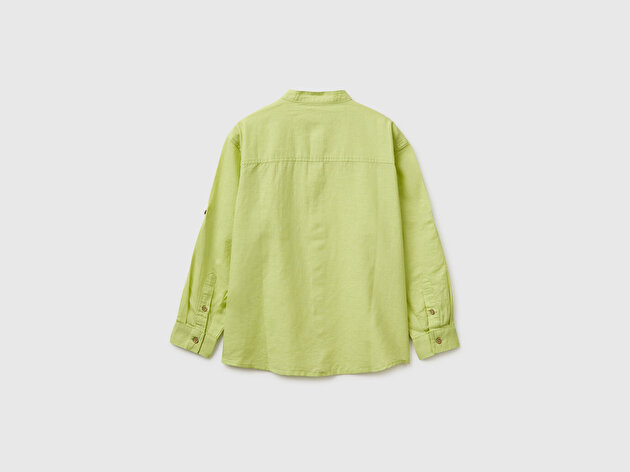 Benetton Erkek Çocuk Sarı Logo İşlemeli Cepli Ahşap Düğmeli Mandarin Yaka Gömlek