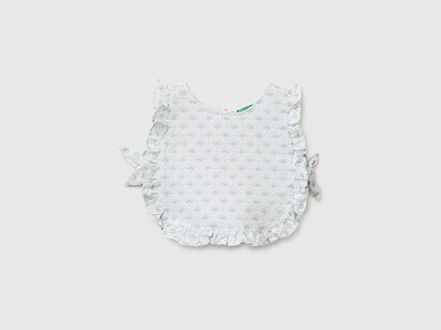 Benetton Kız Bebek Beyaz Fırfırlı Detaylı Yanları Fiyonklu Yuvarlak Yaka Bluz