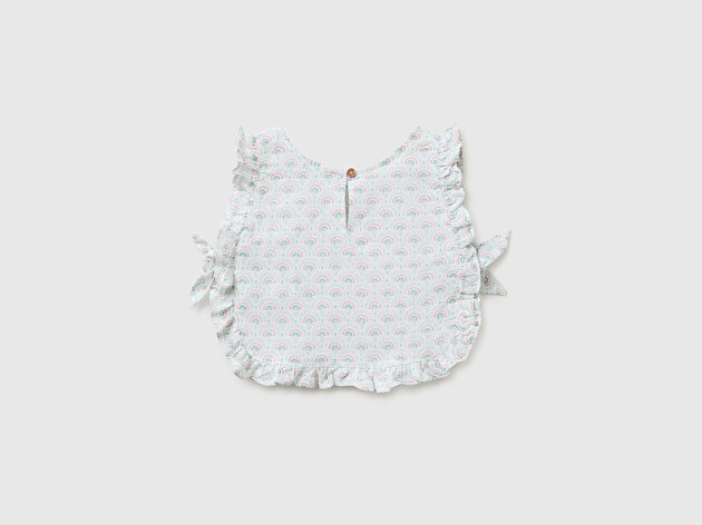 Benetton Kız Bebek Beyaz Fırfırlı Detaylı Yanları Fiyonklu Yuvarlak Yaka Bluz