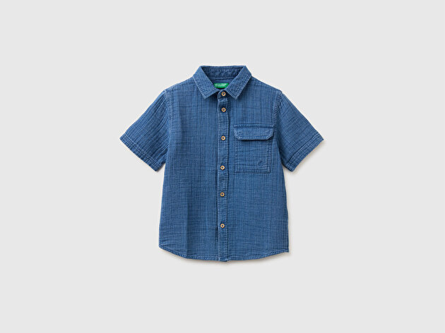Benetton Erkek Bebek Lacivert Logo İşlemeli Yama Cepli Ahşap Düğmeli Kısa Kollu Gömlek