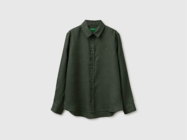 Benetton Kadın Haki %100 Keten Klasik Yaka Uzun Kollu Gömlek