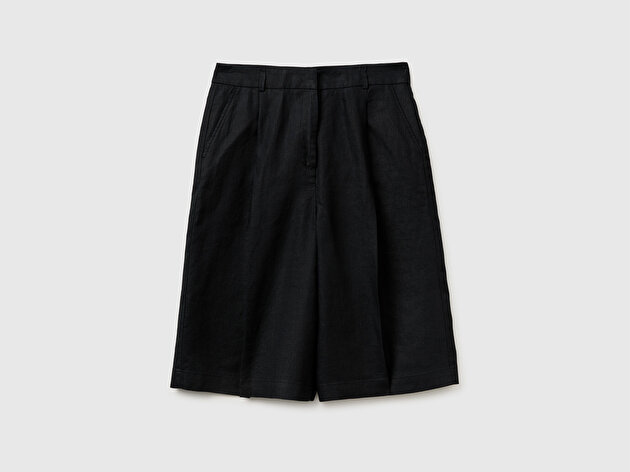 Benetton Kadın Siyah %100 Keten Çift Pileli Arkası Lastikli Düz Kesim Bermuda