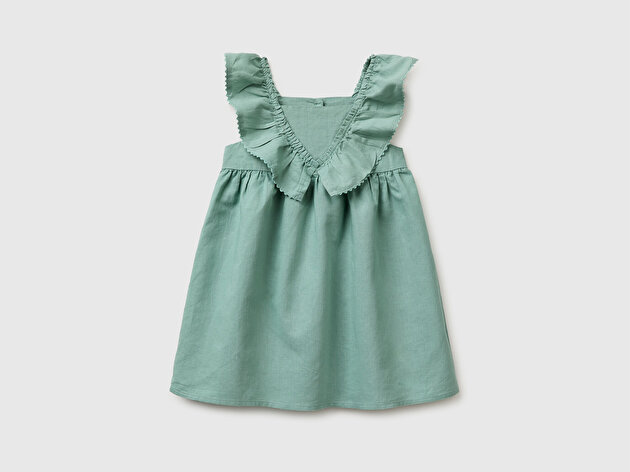Benetton Kız Bebek Su Yeşili Fırfırlı Detaylı Arkası Düğme Kapamalı Elbise