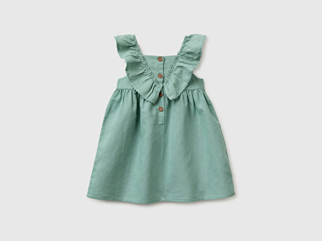 Benetton Kız Bebek Su Yeşili Fırfırlı Detaylı Arkası Düğme Kapamalı Elbise