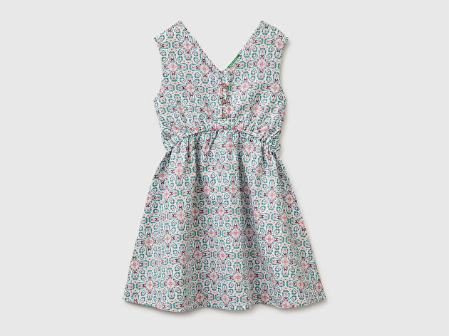 Benetton Kız Çocuk Beyaz Tamamı Baskılı Beli Büzgü Detaylı Düğmeli V Yaka Elbise