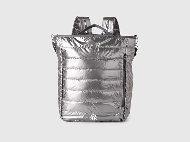 Benetton Unisex Gümüş Dolgulu Parlak Kumaş  Sırt Çantası