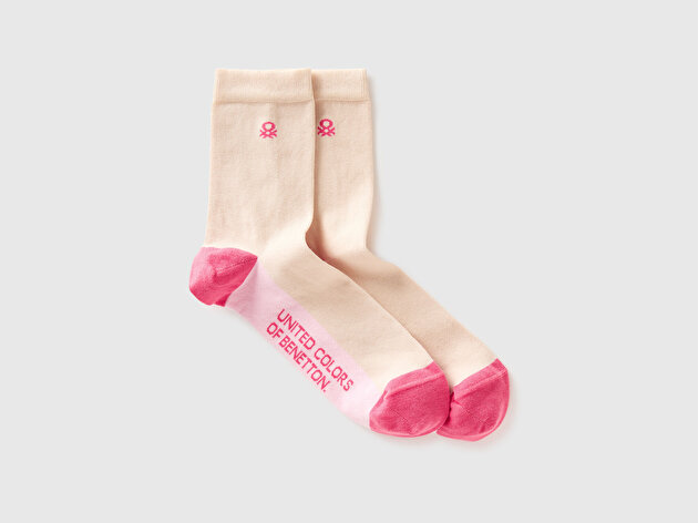 Benetton Unisex Krem Pamuk Karışımlı Desenli Jakarlı Logolu Çorap