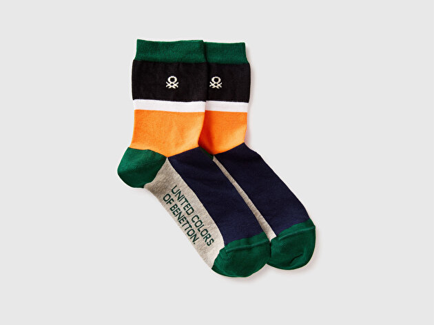 Benetton Unisex Lacivert Mix Pamuk Karışımlı Desenli Jakarlı Logolu Çorap