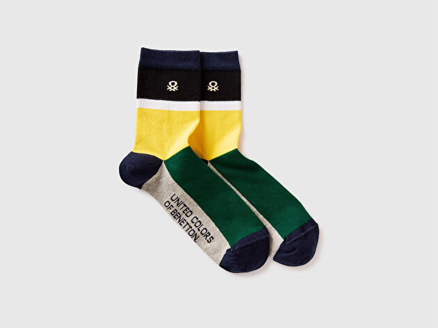 Benetton Unisex Yeşil Mix Pamuk Karışımlı Desenli Jakarlı Logolu Çorap