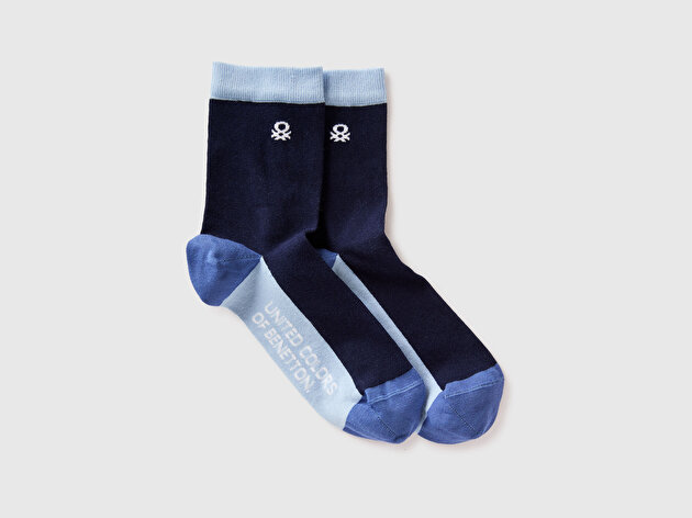 Benetton Unisex Lacivert Pamuk Karışımlı Desenli Jakarlı Logolu Çorap
