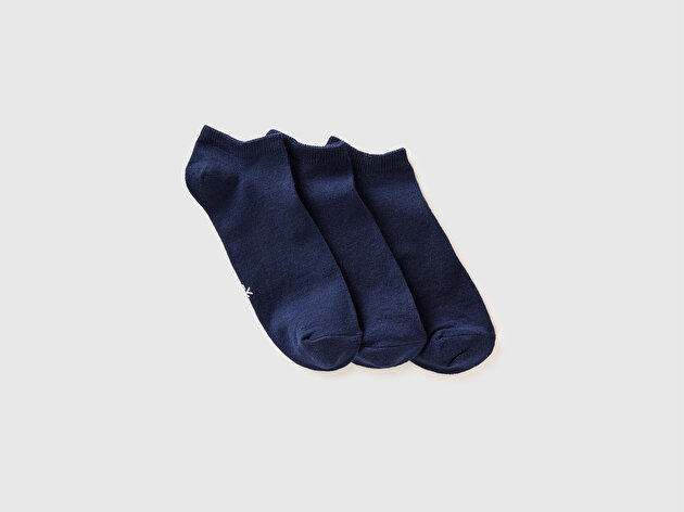 Benetton Unisex Lacivert Pamuk Karışımlı Düz Renkli Üçlü Çorap Seti