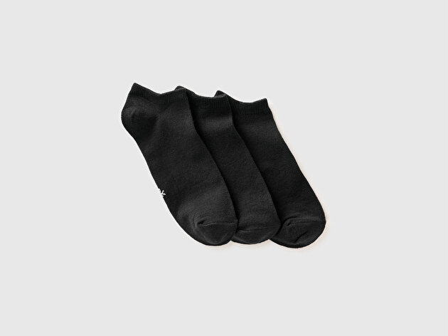 Benetton Unisex Siyah Pamuk Karışımlı Düz Renkli Üçlü Çorap Seti