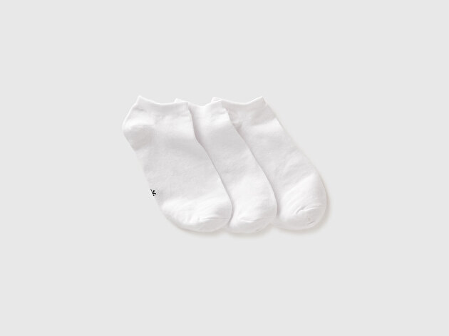 Benetton Unisex Beyaz Pamuk Karışımlı Düz Renkli Üçlü Çorap Seti