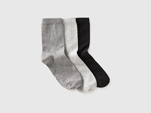 Benetton Unisex Gri Mix Pamuk Karışımlı Üçlü Çorap Seti