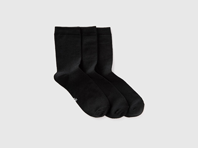 Benetton Unisex Siyah Pamuk Karışımlı Üçlü Çorap Seti