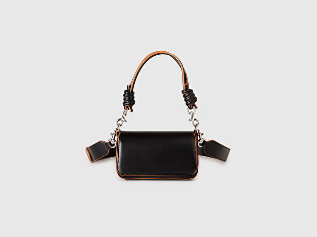 Benetton Kadın Siyah Kontrast Detaylı Mini Suni Deri Çanta