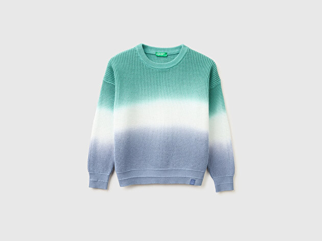 Benetton Erkek Çocuk Havacı Mavi Renk Geçişli Waffle Örgü Yuvarlak Yaka Kazak