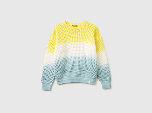 Benetton Erkek Çocuk Buz Mavisi Renk Geçişli Waffle Örgü Yuvarlak Yaka Kazak