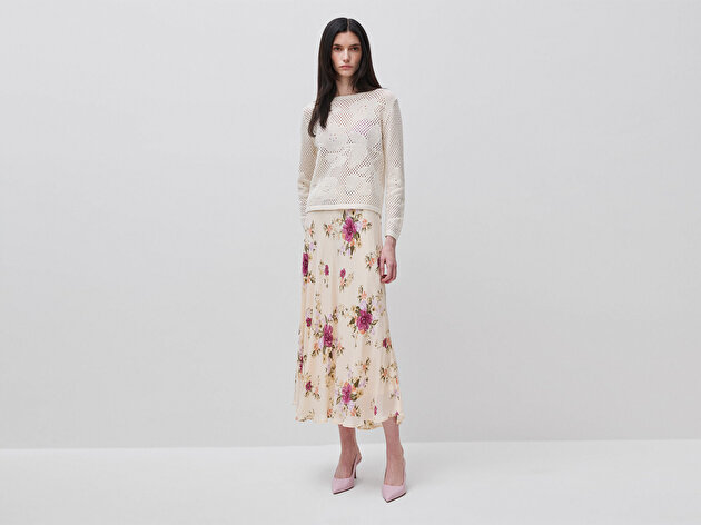 Benetton Kadın Krem %100 Pamuk Çiçek Desenli Nokta Detaylı Kayık Yaka Kazak