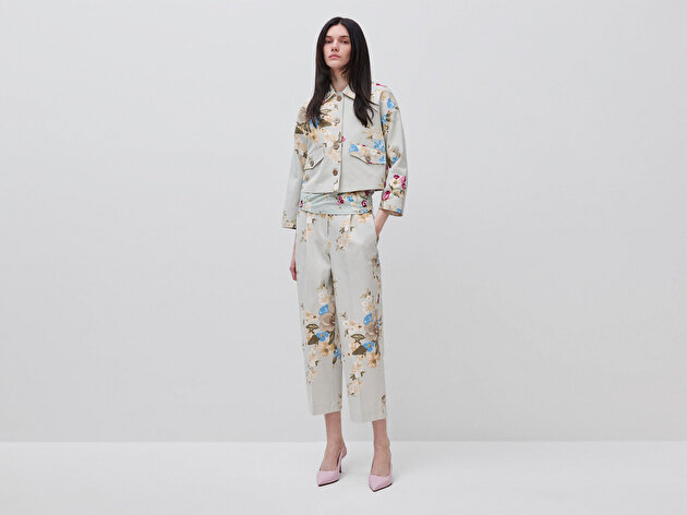 Benetton Kadın Su Yeşili %100 Pamuk Düğmeli Klapalı Cepli Çiçek Baskılı Ceket