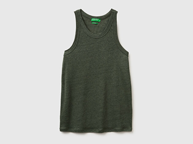 Benetton Kadın Haki %100 Keten Dikişsiz Regular Fit Bisiklet Yaka Kolsuz Atlet