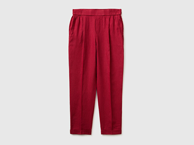 Benetton Kadın Fuşya %100 Keten Elastik Bel Detaylı Kıvrık Paça Pantolon