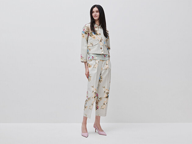 Benetton Kadın Su Yeşili %100 Pamuk Çiçek Baskılı Cepli Düz Paça Pantolon