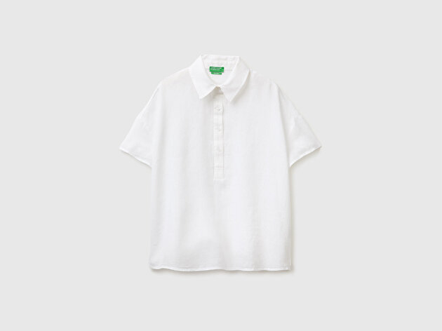 Benetton Kadın Beyaz %100 Keten Düşük Omuzlu  Polo Yaka Kısa Kollu Bluz