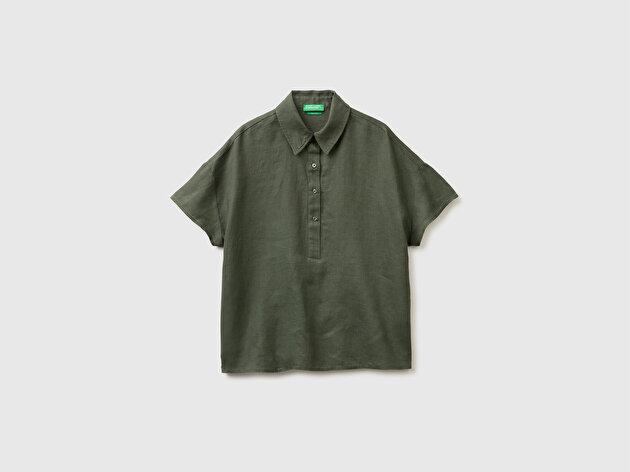 Benetton Kadın Haki %100 Keten Düşük Omuzlu  Polo Yaka Kısa Kollu Bluz