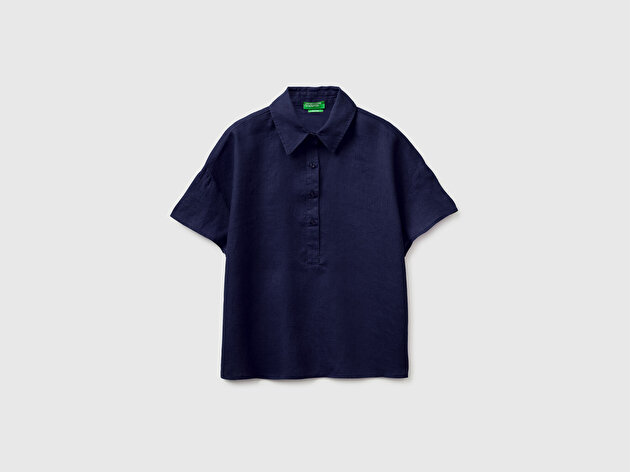 Benetton Kadın Lacivert %100 Keten Düşük Omuzlu  Polo Yaka Kısa Kollu Bluz