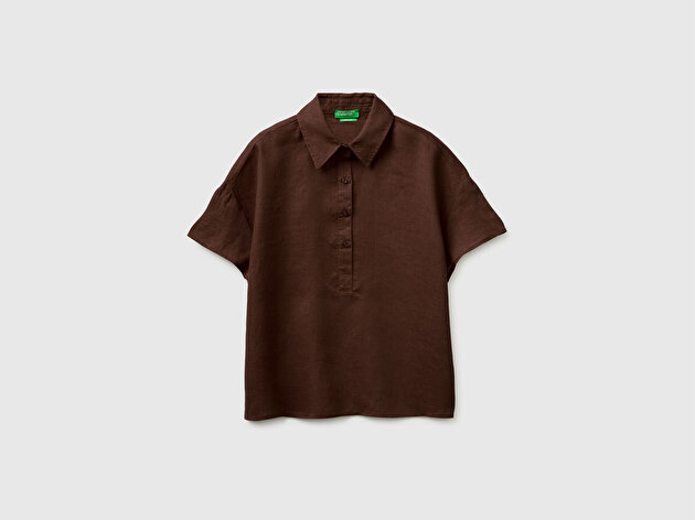 Benetton Kadın Kahverengi %100 Keten Düşük Omuzlu  Polo Yaka Kısa Kollu Bluz