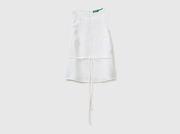 Benetton Kadın Beyaz %100 Keten Bağlamalı Arkası Düğmeli Kolsuz Üst