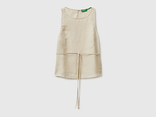 Benetton Kadın Taş %100 Keten Bağlamalı Arkası Düğmeli Kolsuz Üst