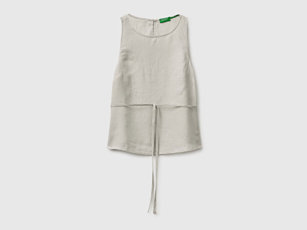 Benetton Kadın Su Yeşili %100 Keten Bağlamalı Arkası Düğmeli Kolsuz Üst